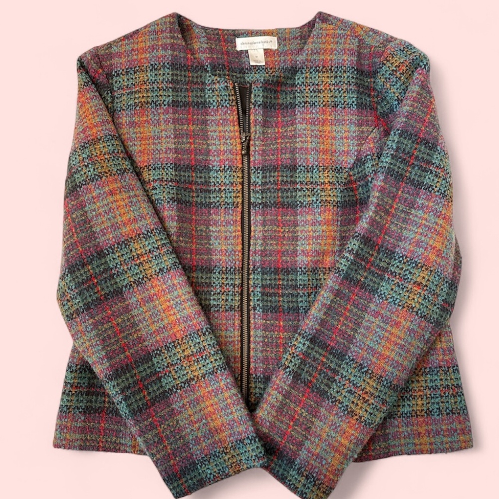 Christopher & Banks Lined Tweed Wool Princess Colorful Plaid Blazer Jacket Sz M